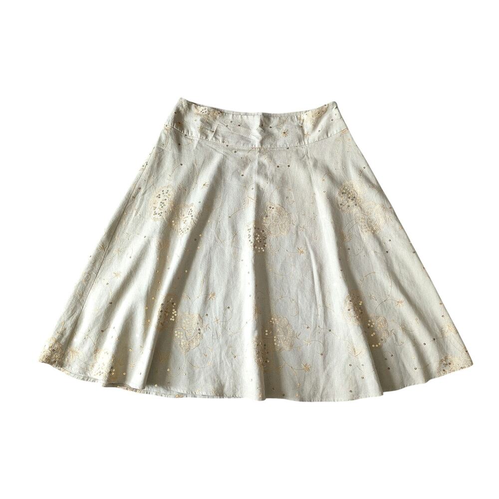 Carole Little Linen Skirt Womens 14 Beige Floral Sequined Embroidered Boho